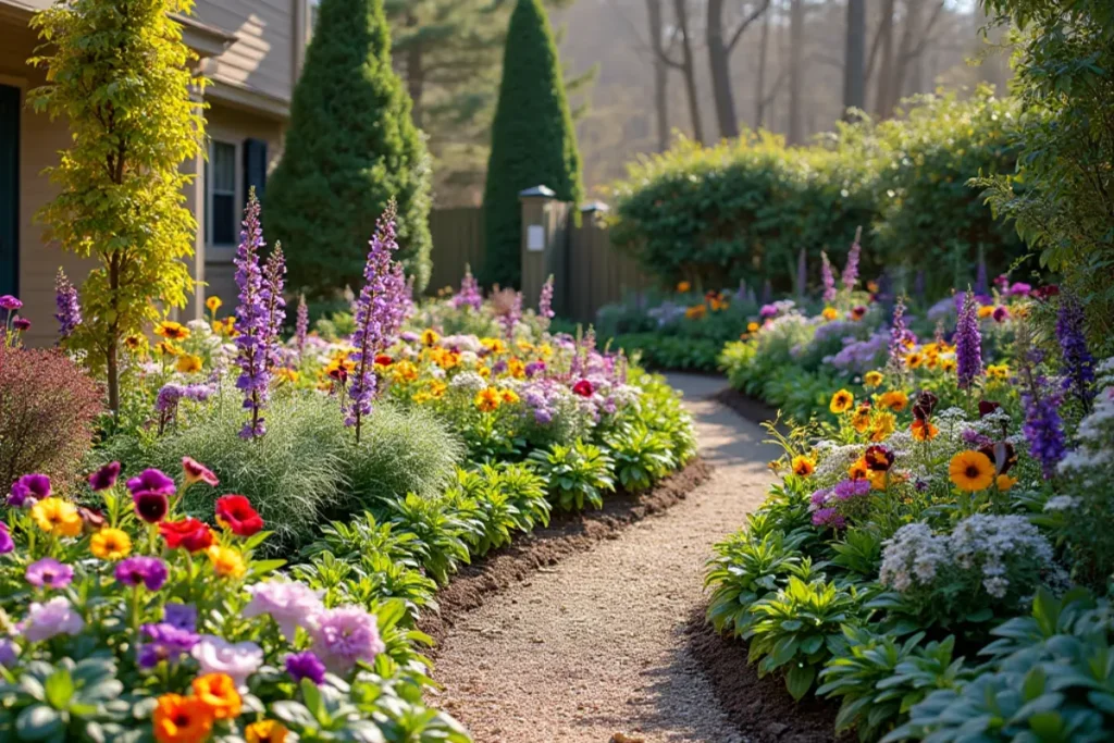 A sunny Georgia winter garden featuring colorful pansies and tall snapdragons in the front. Middle beds showcase ornamental kale, cabbage, and delicate hellebores, while the back displays lush camellias and fragrant witch hazel. A raised bed of silvery-green rosemary and thyme stands out, complemented by climbing winter jasmine on trellises and mulched pathways winding through the vibrant, serene landscape.