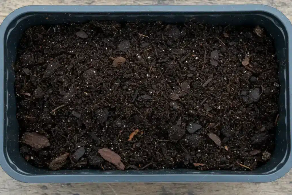 basil microgreens medium, a tray contains black top soil.