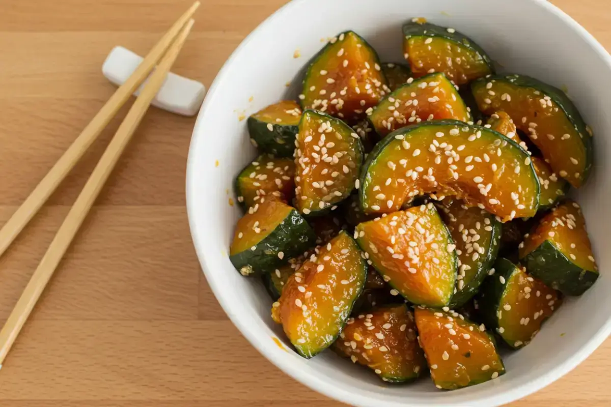 The final step of a Vegan Kabocha Squash Recipes, is prepared in a vegan-style, served in a bowl with garnished with sesame seeds.