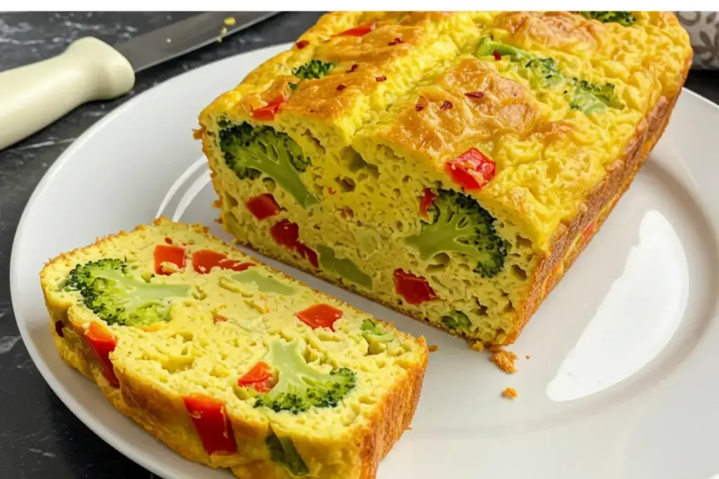 Slice of low-carb egg loaf vegan recipe with zucchini, bell pepper, and broccoli