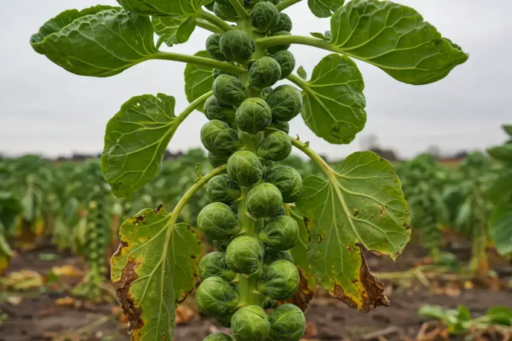 brussel sprout tree with yellow leaves.