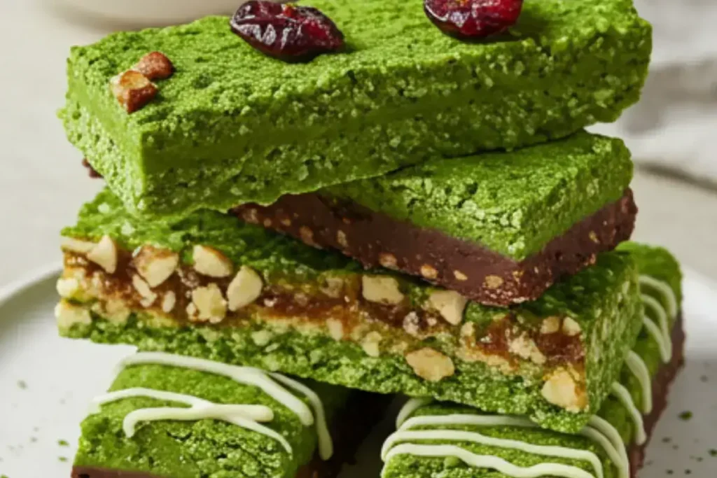 Vegan chocolate matcha energy bars with a vibrant green matcha layer. topping & garnished with nuts and cranberry. 