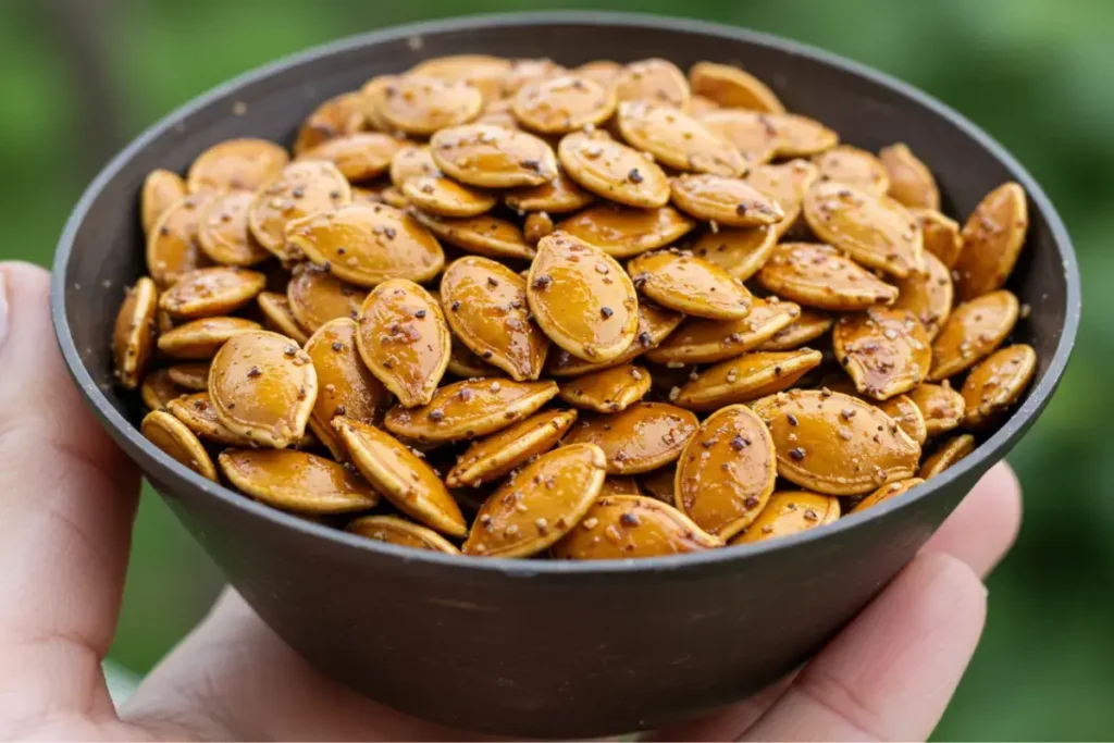 A bowl of crispy roasted Kabocha seeds, perfectly seasoned and ready to enjoy as a healthy snack.