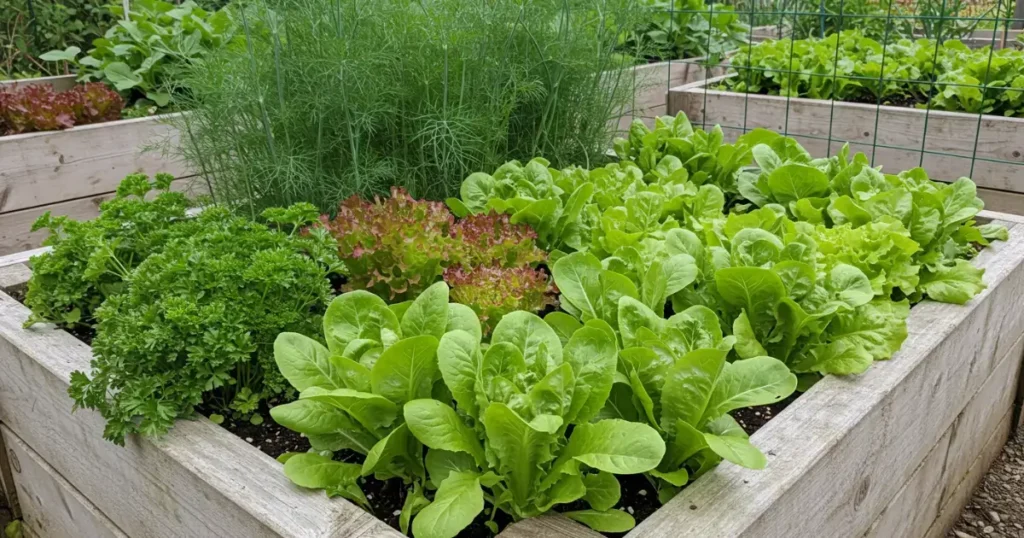 An overhead view of a Edible Garden with Wide-Row Planting bed filled with lush green vegetables, including lettuce, thriving in rich soil under natural sunlight.